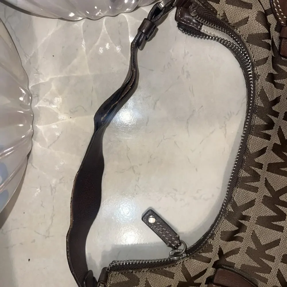 Michael Kors Vintage Khaki Signature Jacquard Hobo Cognac Leather Shoulder Bag